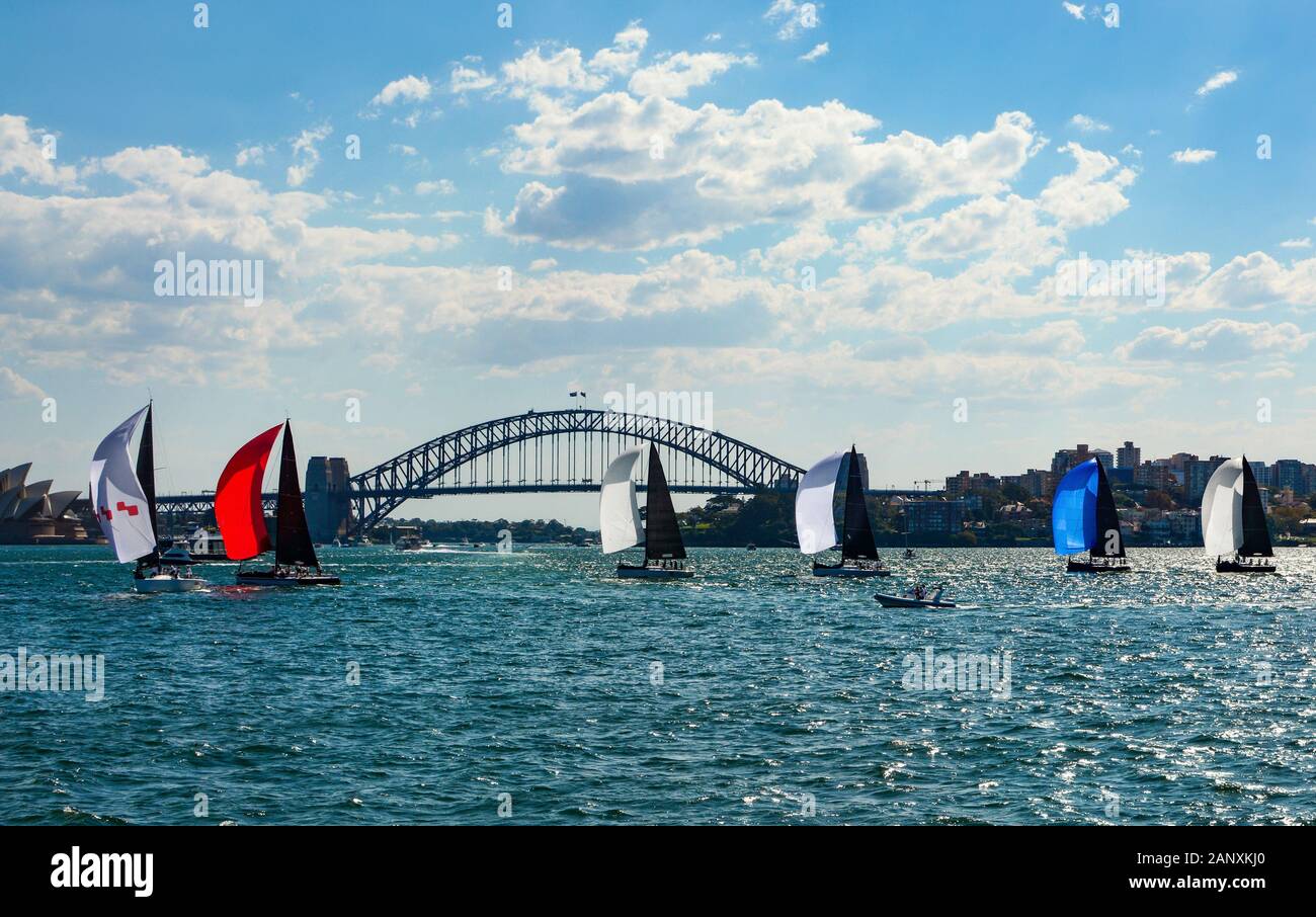 Voiliers colorés avec des spinnakers traversant le port de Sydney en face du pont emblématique en arrière-plan Banque D'Images
