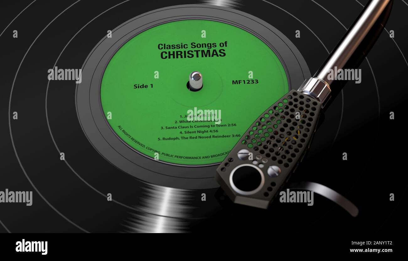 Une marque vintage turntable jouant un thème de Noël un disque vinyle sur un fond sombre rétroéclairé moody - 3D render Banque D'Images