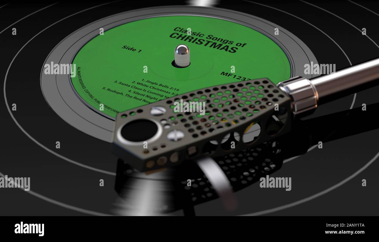 Une marque vintage turntable jouant un thème de Noël un disque vinyle sur un fond sombre rétroéclairé moody - 3D render Banque D'Images