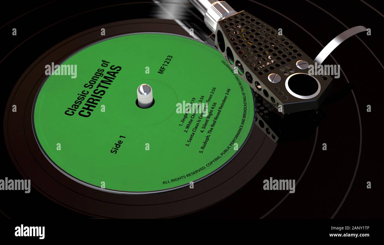 Une marque vintage turntable jouant un thème de Noël un disque vinyle sur un fond sombre rétroéclairé moody - 3D render Banque D'Images