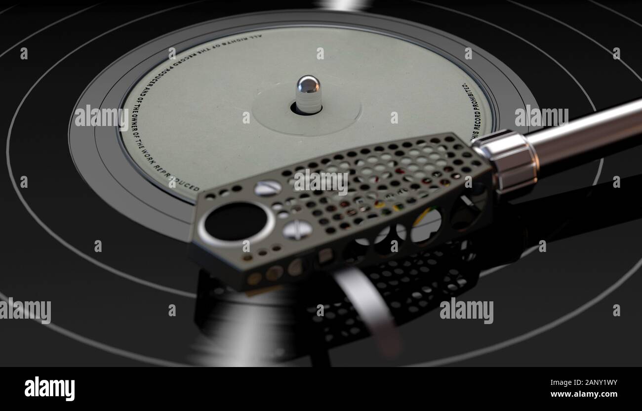 Une marque vintage turntable la lecture d'un disque vinyle générique sur un fond sombre rétroéclairé moody - 3D render Banque D'Images