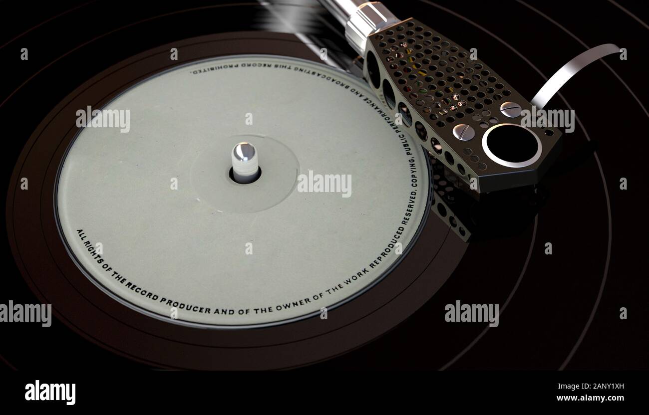 Une marque vintage turntable la lecture d'un disque vinyle générique sur un fond sombre rétroéclairé moody - 3D render Banque D'Images