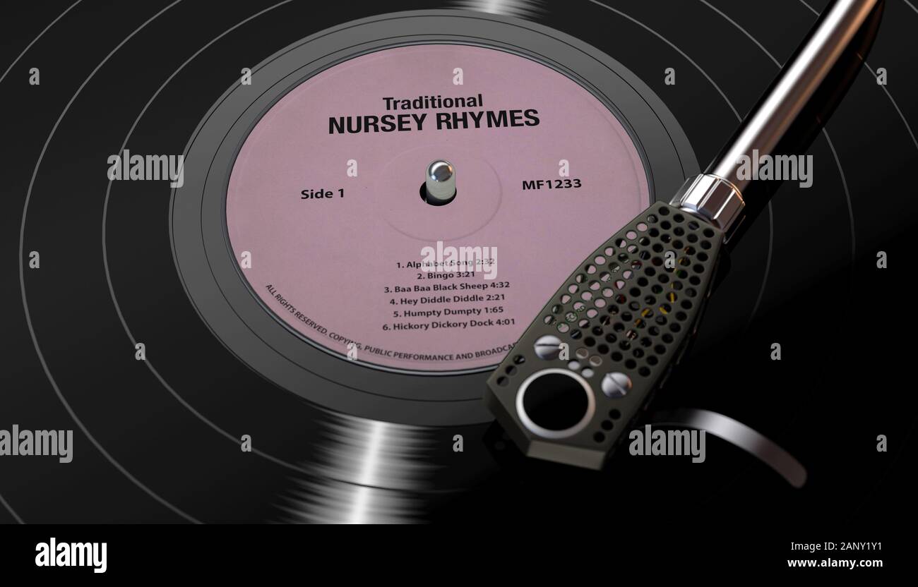 Une marque vintage turntable jouer a des comptines d'un disque vinyle sur un fond sombre rétroéclairé moody - 3D render Banque D'Images