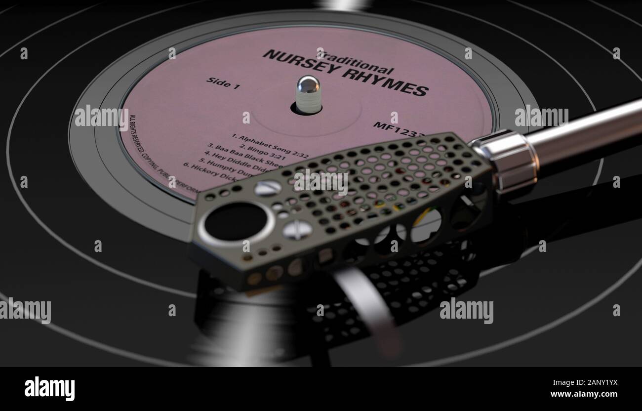 Une marque vintage turntable jouer a des comptines d'un disque vinyle sur un fond sombre rétroéclairé moody - 3D render Banque D'Images