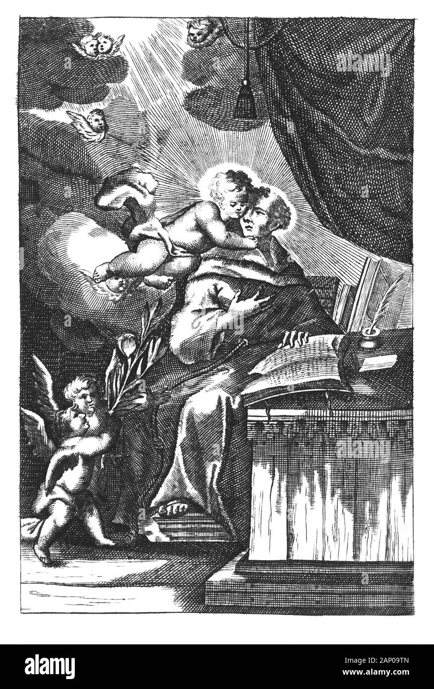 Objets decoratifs gravure allégorique religieuse ou un dessin de Christian saint homme saint Antoine de Padoue. Livre d'écriture moine entouré par des anges.illustration de livre Die Betrubte und noch in Ihrem Beliebten..., l'Empire autrichien,1716. L'artiste est inconnu. Banque D'Images