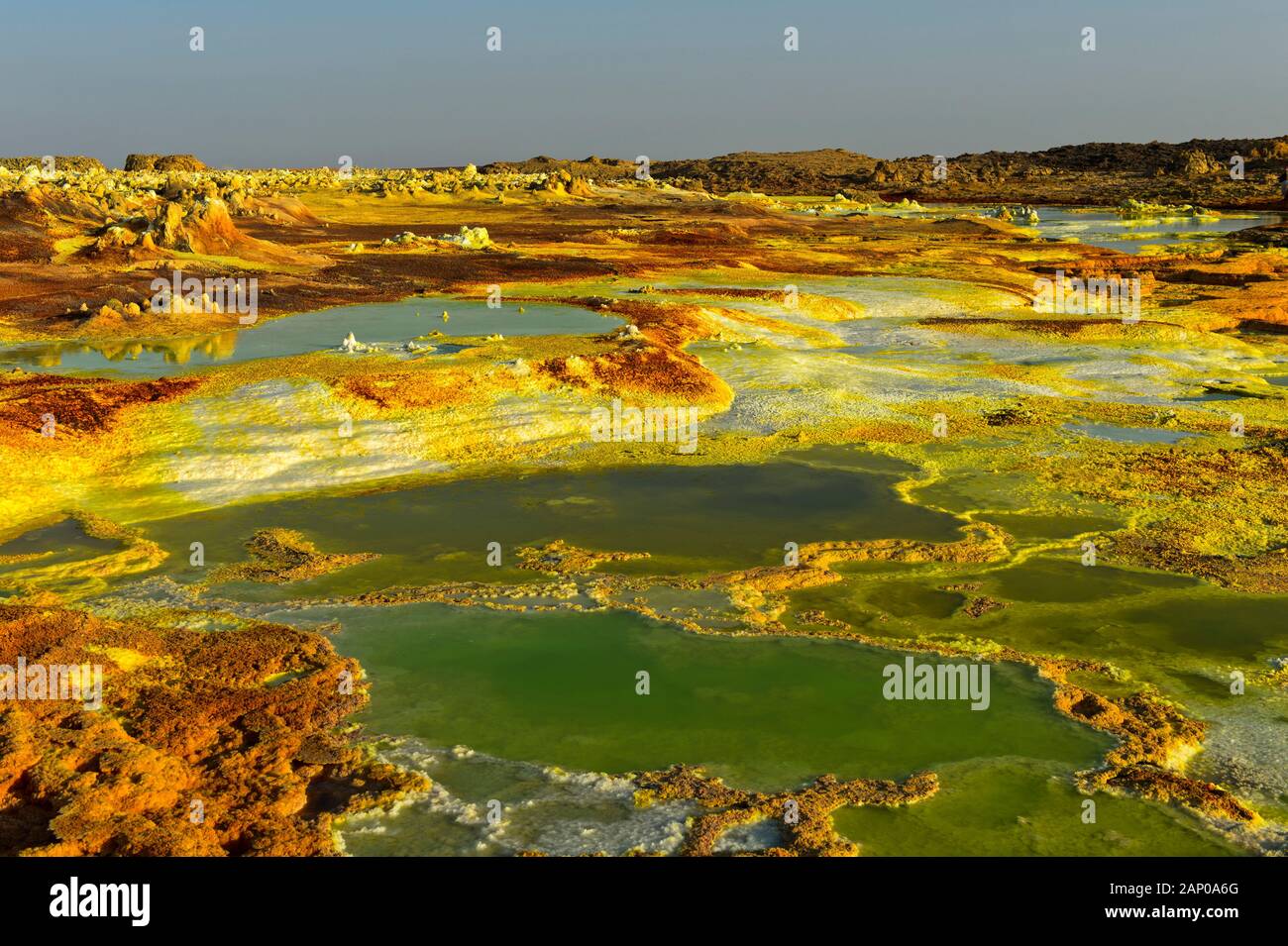 Saumure acide sulfurique, piscine avec les sédiments le champ géothermique de la dépression Danakil, Dallol, Triangle Afar, Ethiopie Banque D'Images