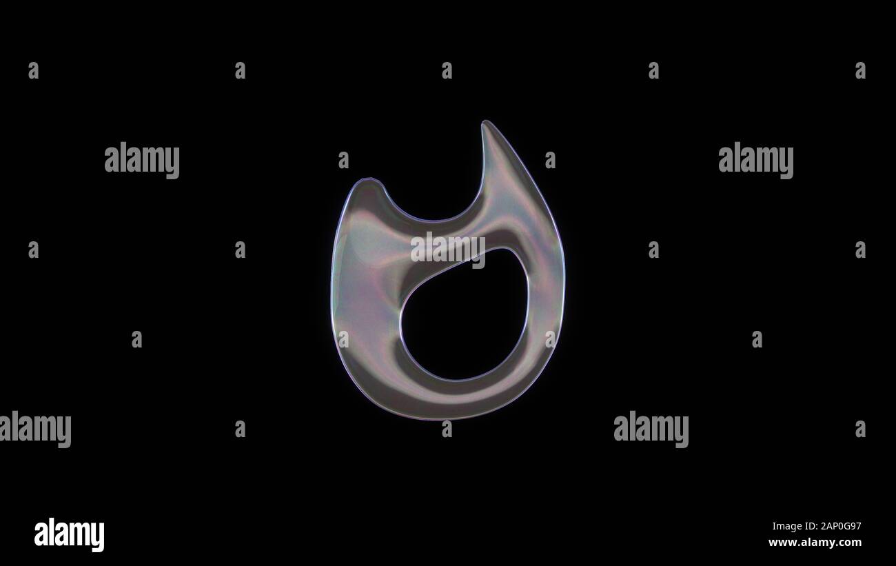 Le rendu 3D de bulle de savon transparent déformée en forme de symbole de flamme isolé sur fond noir Banque D'Images
