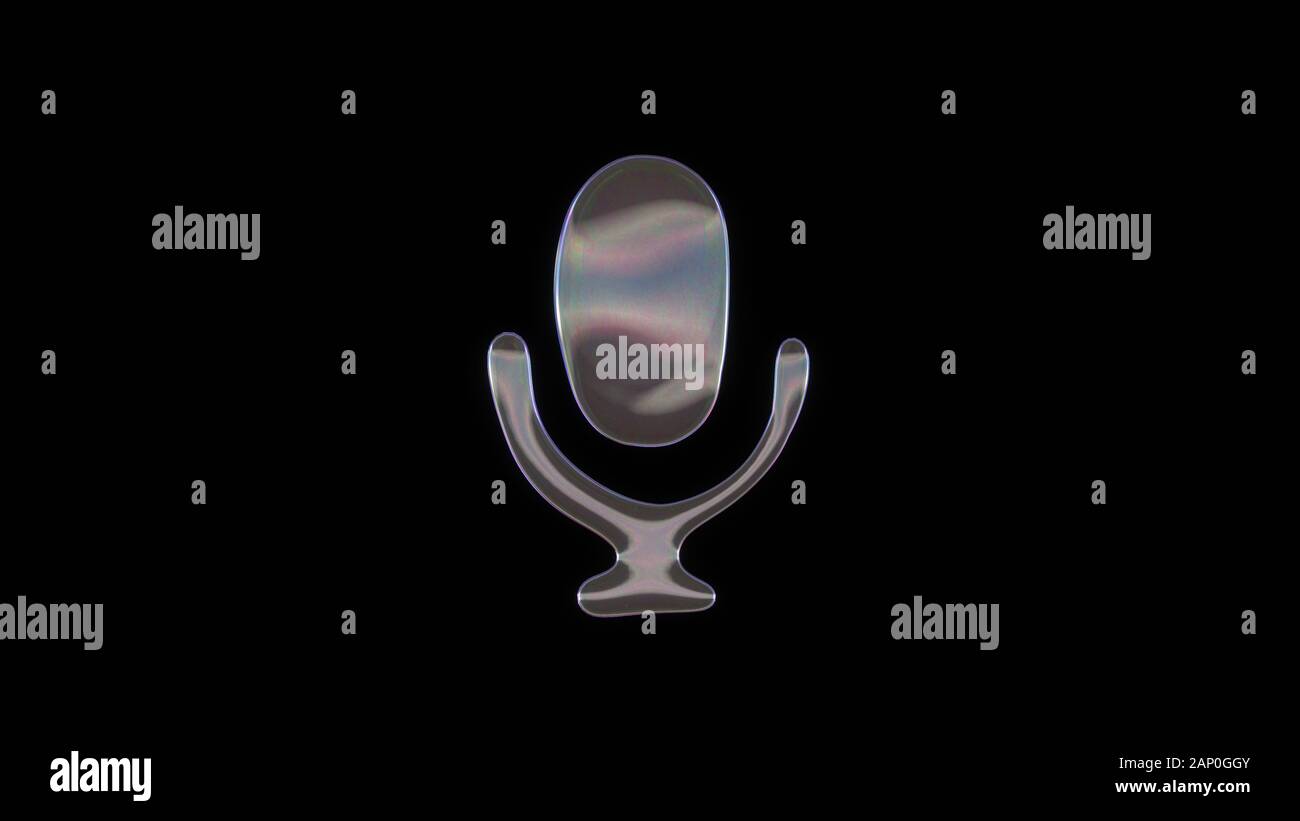 Le rendu 3D de bulle de savon transparent déformée en forme de symbole de microphone isolé sur fond noir Banque D'Images
