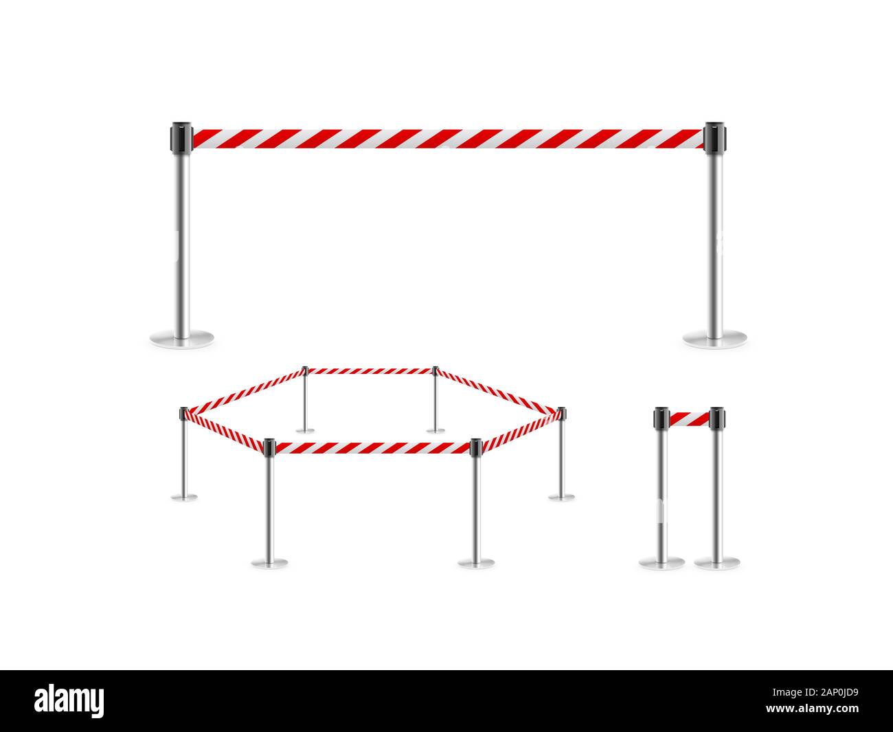 Barrière de clôture mobile rouge support de ceinture blanc isolé, illustration 3d. Banque D'Images