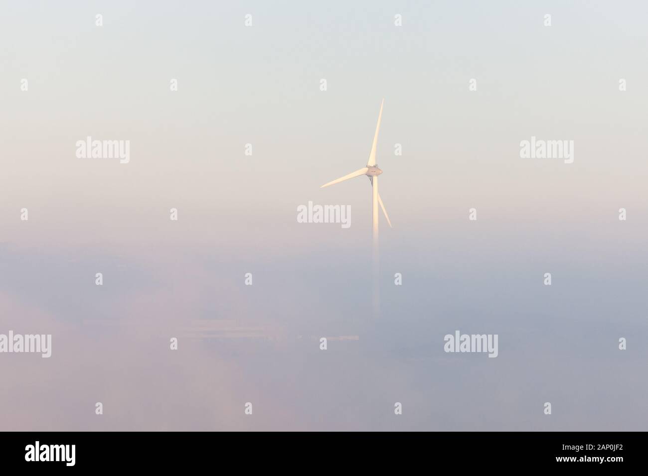 Loughbeg, Ringaskiddy, Cork, Irlande. Le 20 janvier, 2020. Une éolienne s'élève au-dessus du brouillard tôt le matin par un froid matin de janvier qui couvre le DePuy Synthes manafacturing installation à Loughbeg, Ringaskiddy, co Cork, Irlande. Crédit ; David Creedon / Alamy Live News Banque D'Images