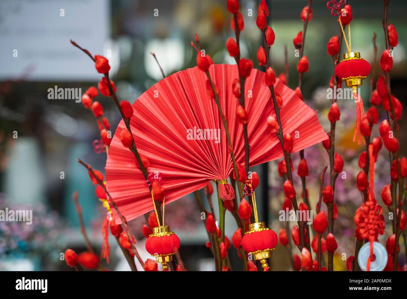Ventilateur et de tradition lanterne chinoise dire meilleurs voeux et bonne chance pour la nouvelle année Banque D'Images