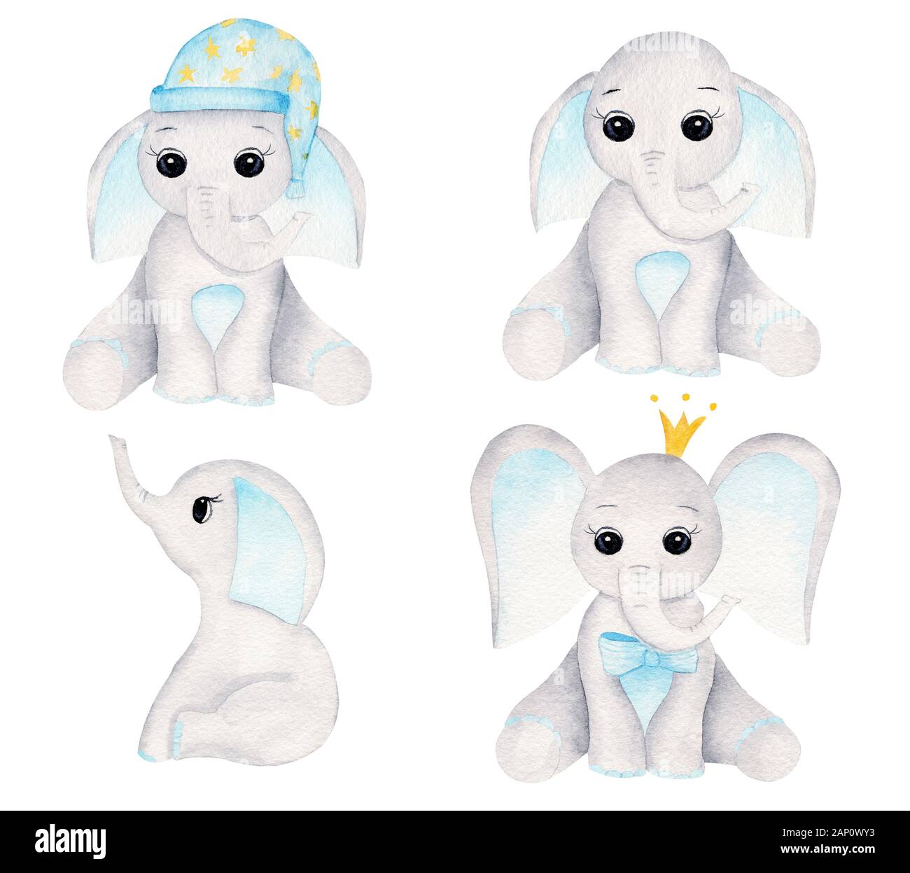 Éléphanteaux illustrations tramées dessiné à la main. Les garçons des animaux séance compositions aquarelle pack. Aquarelle mignon bébés éléphants avec couronne et de ni Banque D'Images