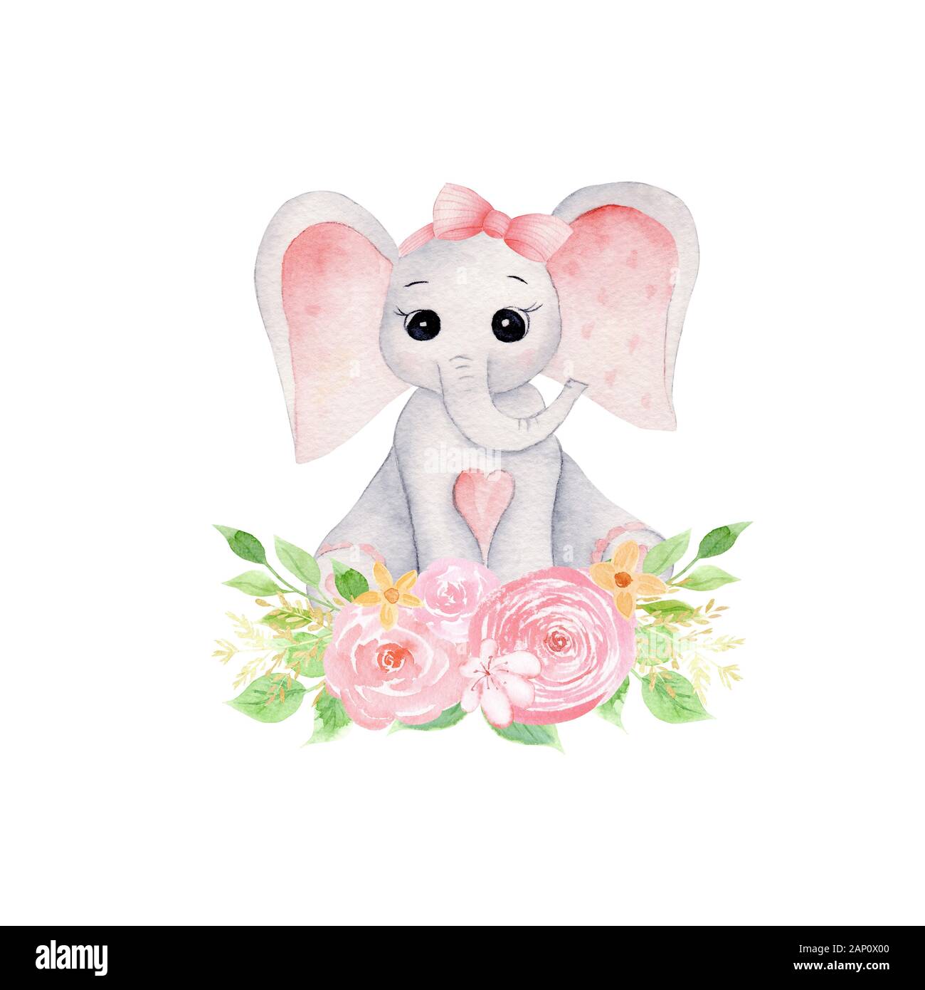 Bébé éléphant et le bouquet à la main illustration raster. Fille animal  mignon avec des fleurs et feuilles isolées aquarelle composition. L'éléphant  d'Aquarelle Photo Stock - Alamy