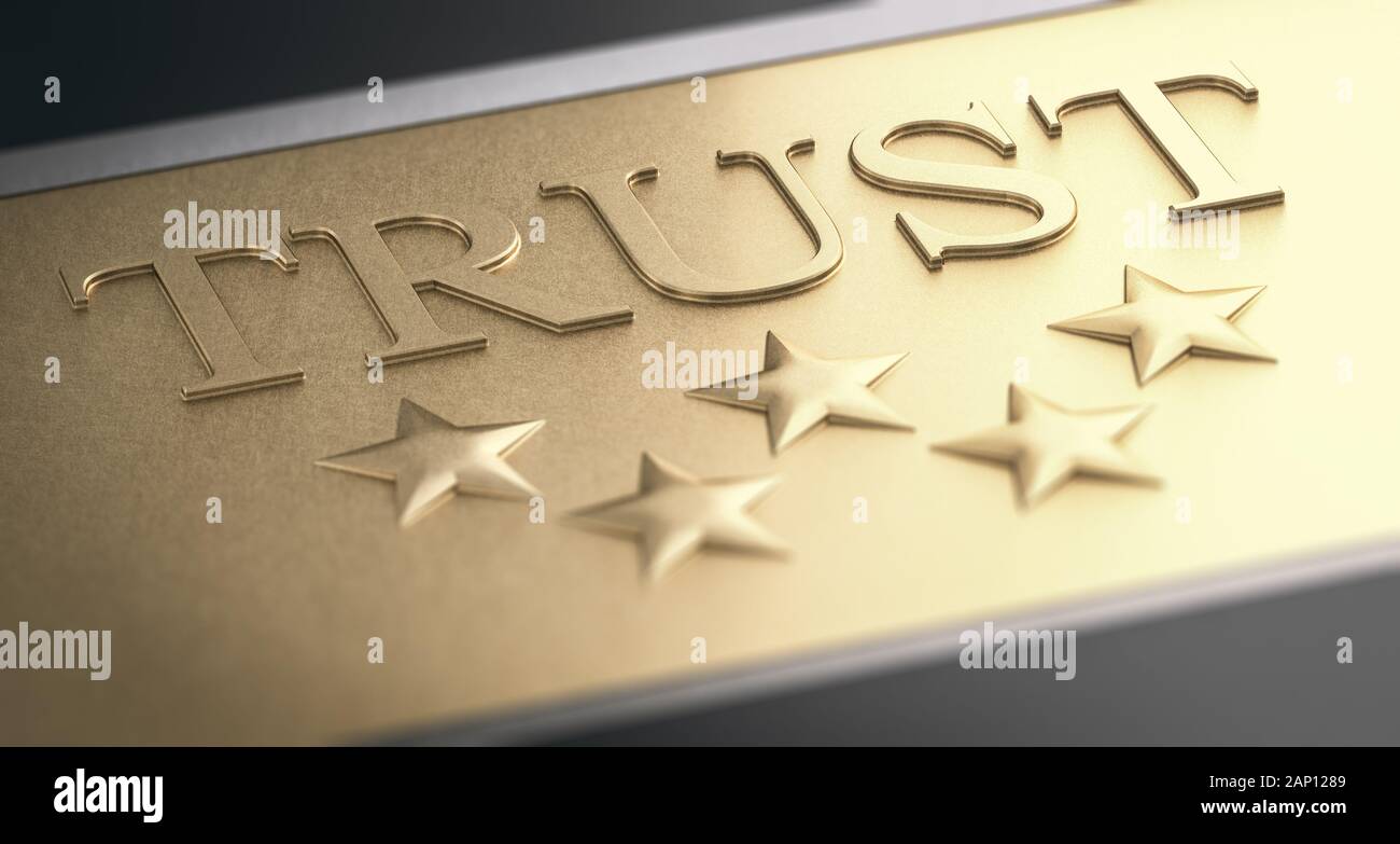 3D illustration d'un le mot confiance et cinq étoiles sur fond doré Banque D'Images