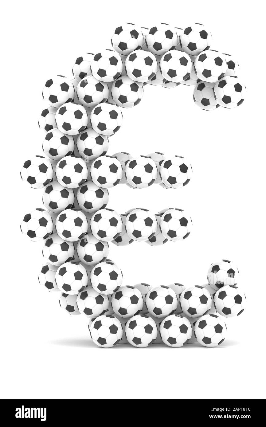 Le rendu 3D : Classic noir et blanc ballons de soccer formant un signe Euro. La grande entreprise / la corruption dans le sport, le football, le soccer. Isolé sur blanc. Banque D'Images
