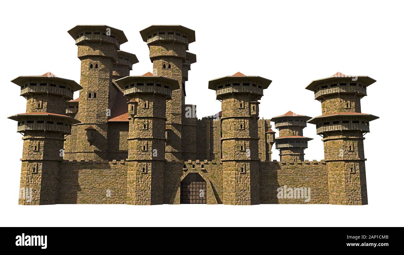 Château médiéval avec des tours de guet et gate isolé sur fond blanc Banque D'Images