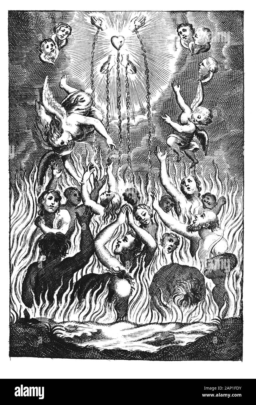 Objets decoratifs gravure allégorique religieuse ou d'un dessin d'âmes ou de personnes qui souffrent dans le feu de l'enfer et les anges leur chemin vers le ciel.illustration de livre Die Betrubte und noch in Ihrem Beliebten..., l'Empire autrichien,1716. L'artiste est inconnu. Banque D'Images