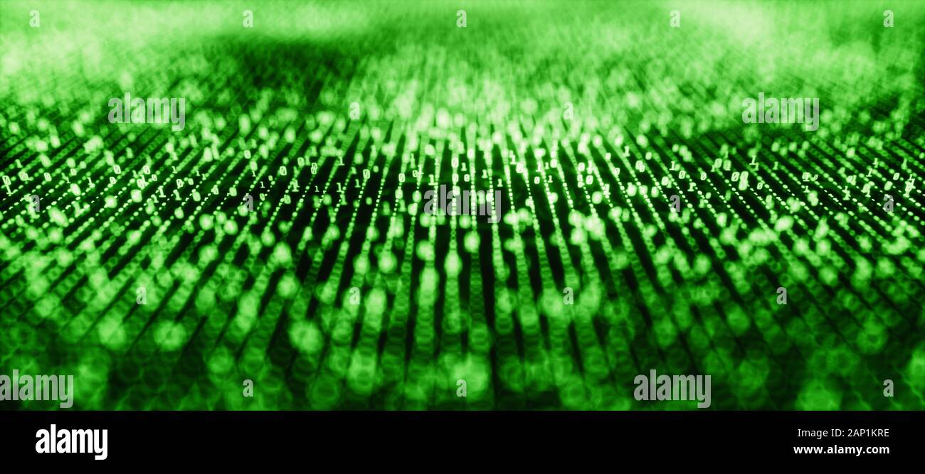Code binaire numérique néon lumineux, style, les données binaires, l'arrière-plan de netteté, couleur vert Banque D'Images