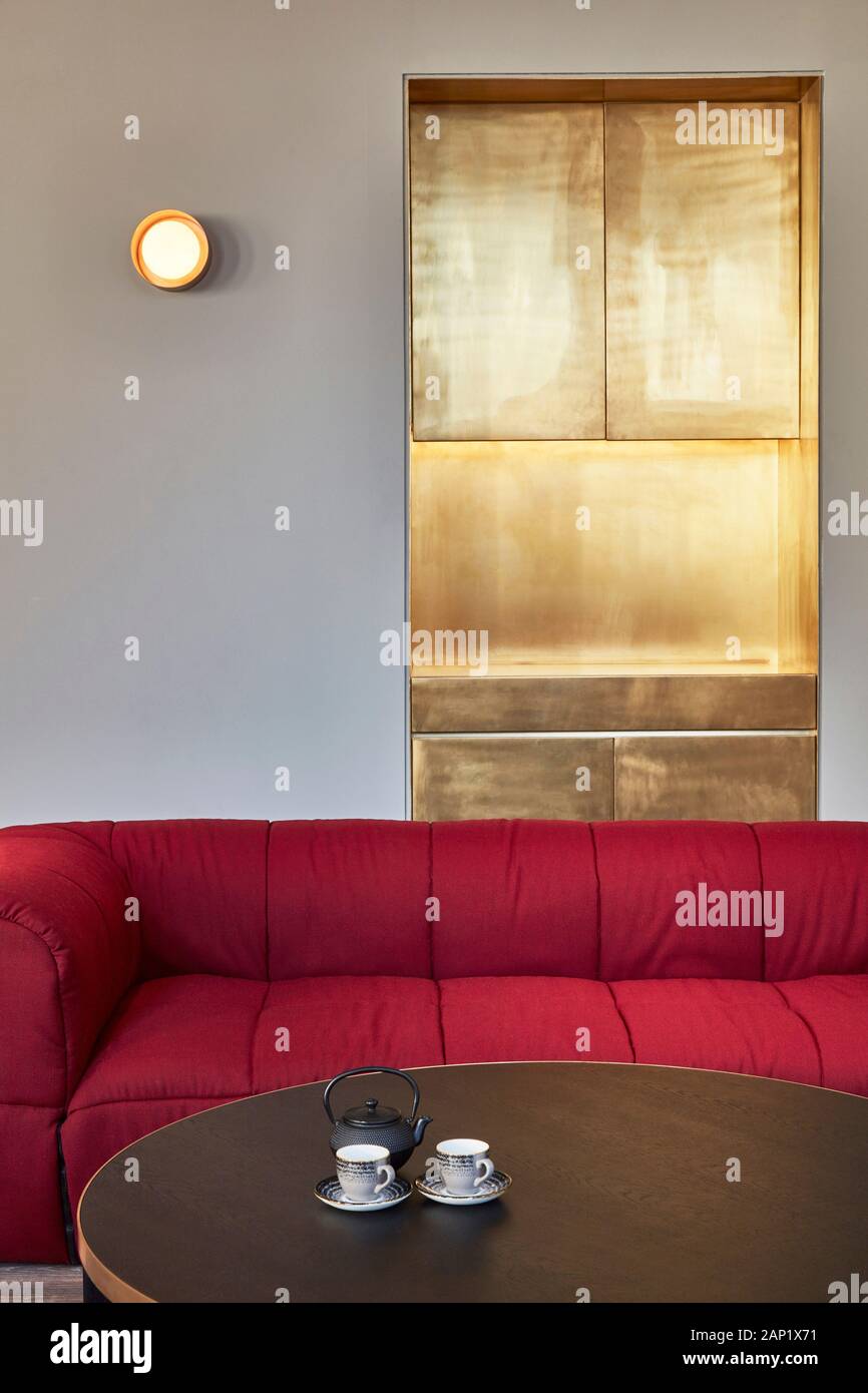 Détail du bar et coin. Kindred, Londres, Royaume-Uni. Architecte : Studio Shaw, 2018. Banque D'Images