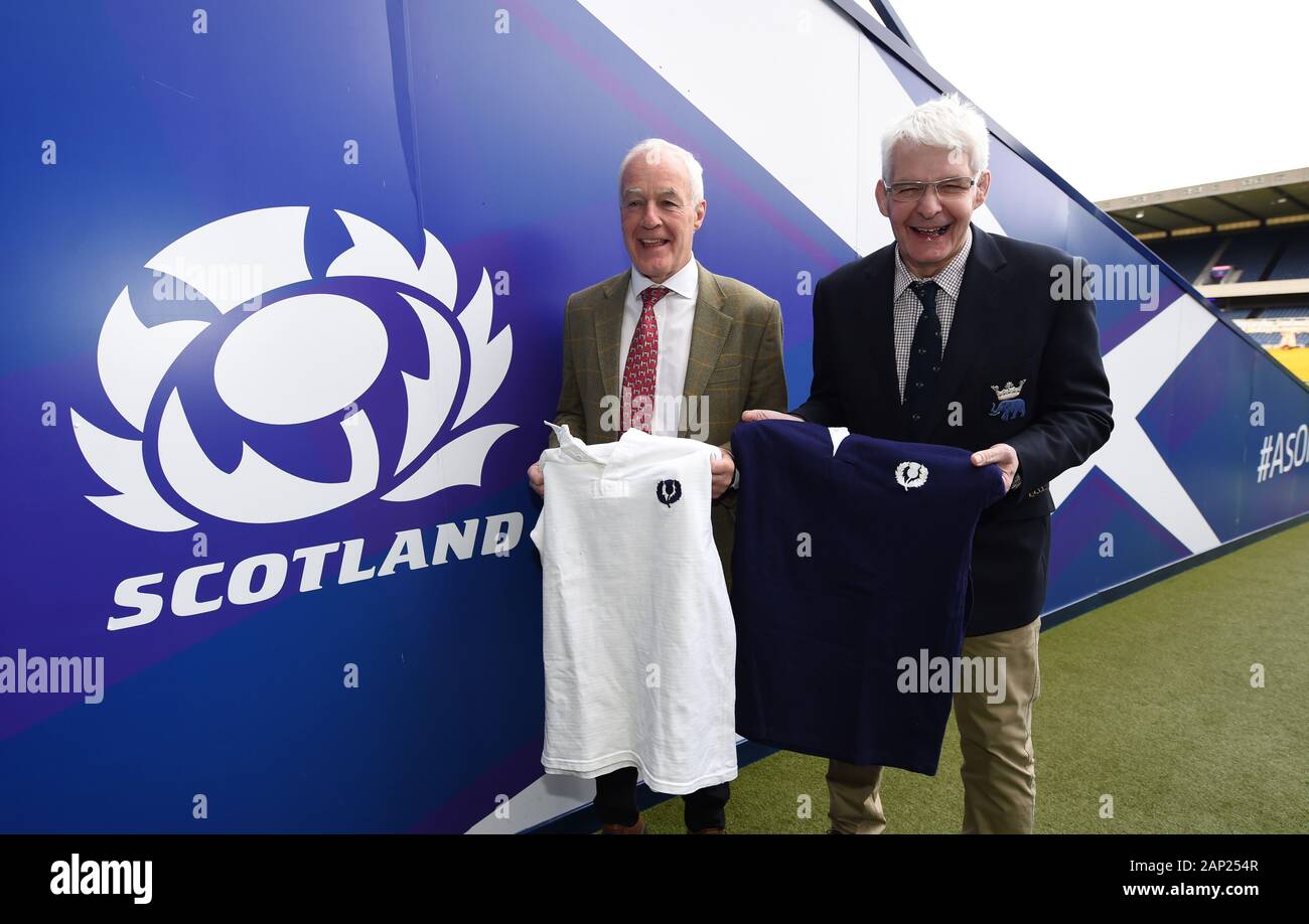 .Stade de Murrayfield, Edinburgh, Ecosse, Royaume-Uni. 20 Jan, 2020. L/r ancien Rugby Ecosse les gagnants du Grand Slam 1984 Jim Twins Calder & Finlay 1990 contribuer à la promotion de la charité pour balles de coeurs -anciens joueurs Pic Crédit : eric mccowat/Alamy Live News Banque D'Images