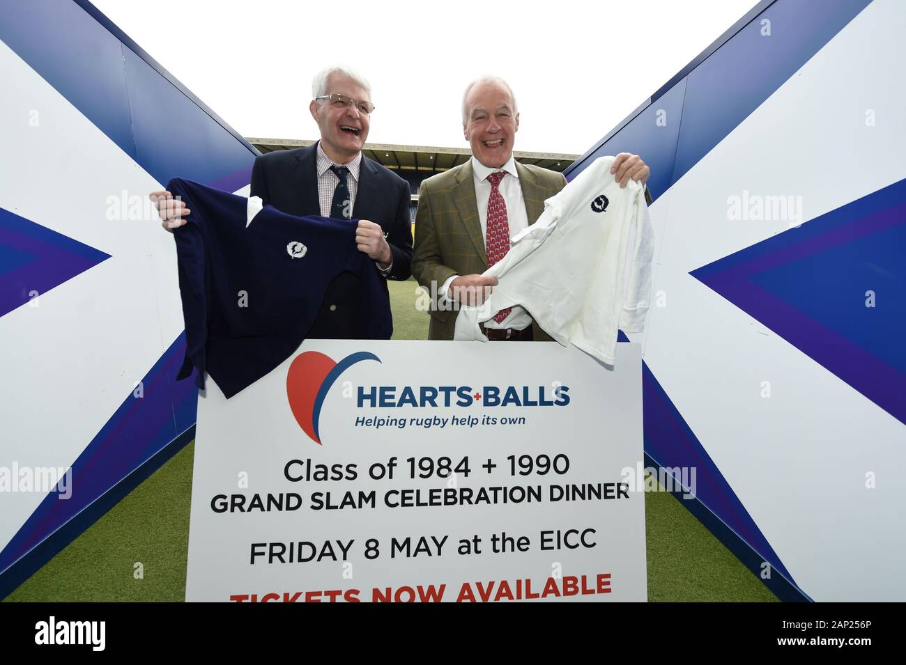 .Stade de Murrayfield, Edinburgh, Ecosse, Royaume-Uni. 20 Jan, 2020. L/r ancien Rugby Ecosse les gagnants du Grand Slam 1990 Finlay Calder Twins & Jim 1984 contribuer à la promotion de la charité pour balles de coeurs -ancien joueur : eric mccowat/Alamy Live News Banque D'Images