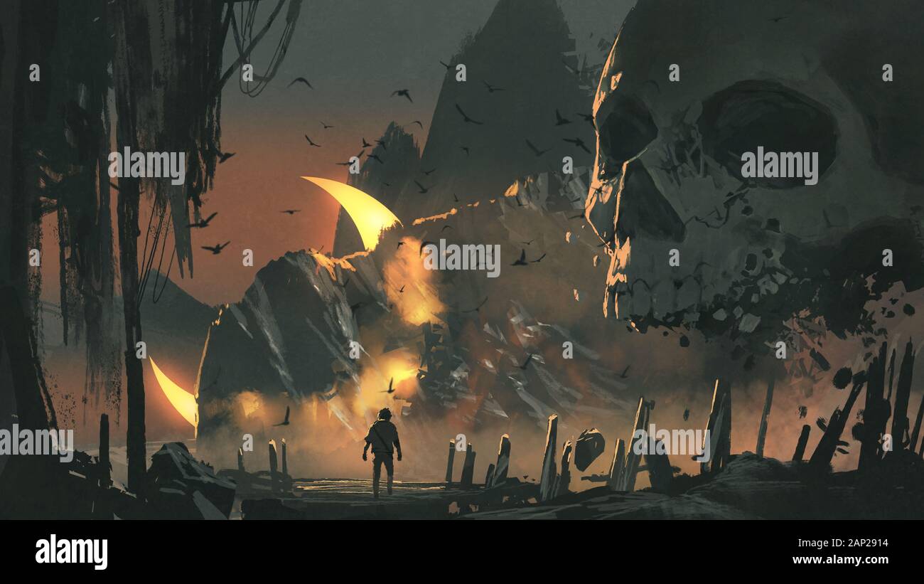 Un homme marche dans une terre mystérieuse avec un crâne géant en face de l'entrée, de style art numérique, illustration peinture Banque D'Images