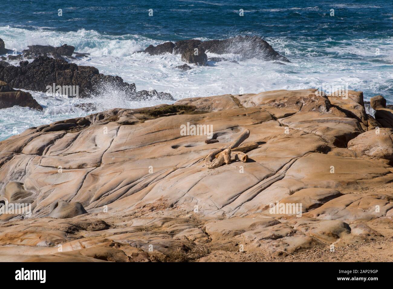 Des vagues d'hiver bleues s'écrasent le long de la côte rocheuse du Pacifique de la Réserve naturelle de l'État de point Lobos, Californie Banque D'Images