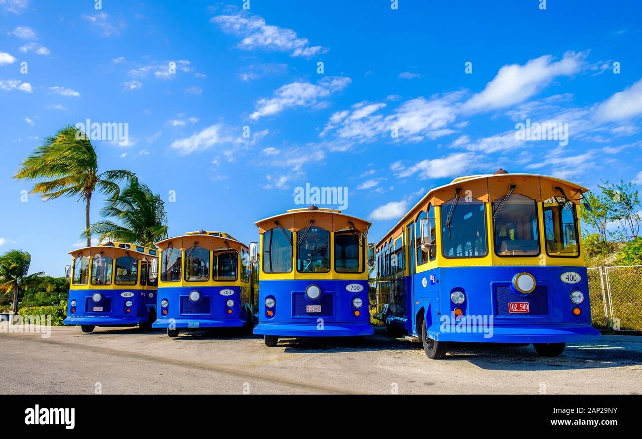 Grand Cayman, îles Caïmans, Jan 2019, bleu de trolleybus le MarineLand Tours company garé Banque D'Images