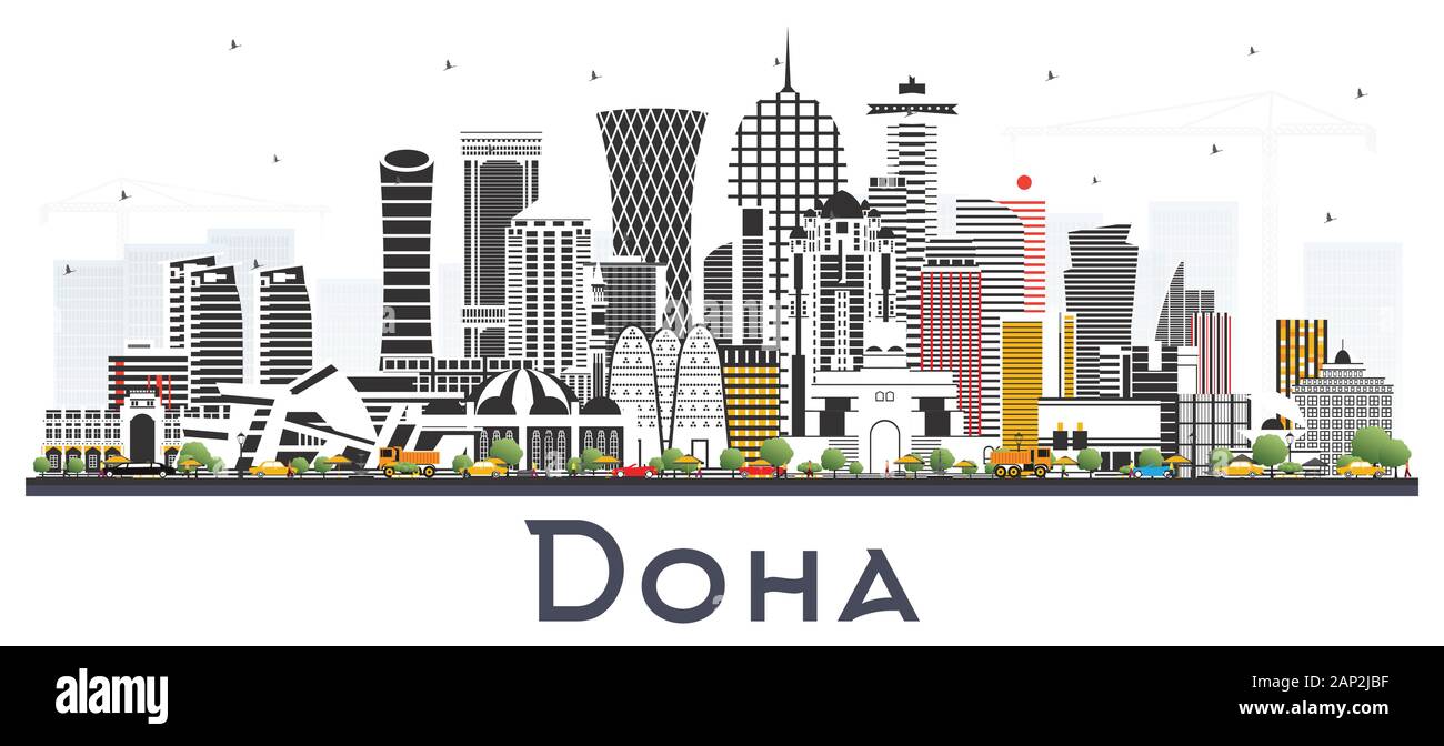 Horizon De Doha Qatar City Avec Bâtiments De Couleur Isolés Sur Blanc. Illustration Vectorielle. Concept De Voyage D'Affaires Et De Tourisme Avec Architecture Moderne. Illustration de Vecteur
