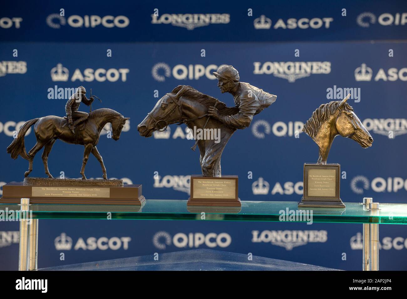 Ascot, Berkshire, Royaume-Uni. 18 janvier, 2020. Prêt pour des trophées et le Jockey Jamie Neild propriétaires et les formateurs de l'Townshend après avoir remporté l'Amateur d'Allumettes Riders' Handicap Steeple Chase (classe 3). J D propriétaire Neild, Formateur Nigel Twiston-Davies, Cheltenham. Credit : Maureen McLean/Alamy Banque D'Images