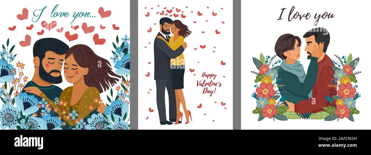 Jeu de cartes avec hugging couple et fleurs. Télévision mignon vecteur Valentines Day Illustration de Vecteur