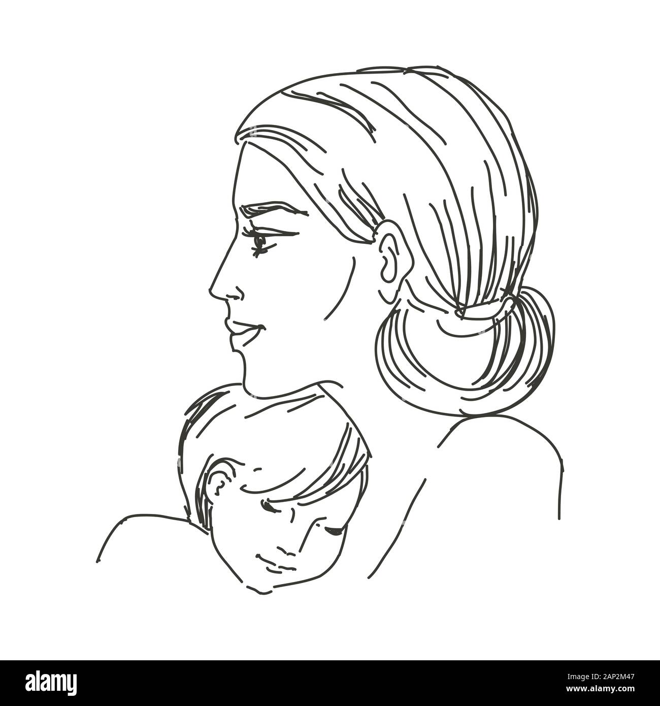 Croquis dans les lignes. Noir et blanc. Femme avec un enfant dans ses bras. Une jeune mère embrasse son bébé. Vecteur isolé. Illustration de Vecteur