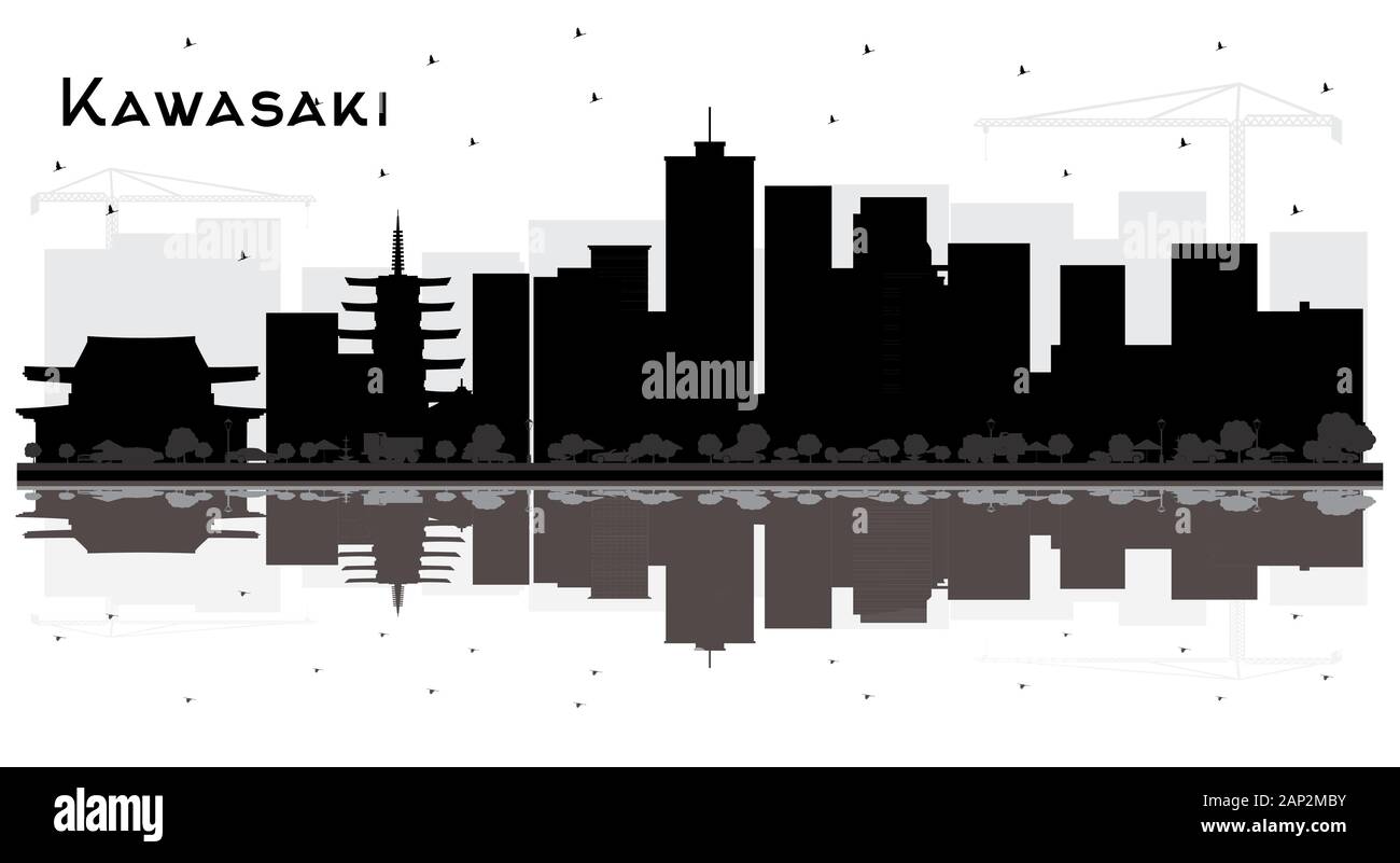 Kawasaki Japan City Skyline Silhouette Avec Bâtiments Noirs Et Réflexions Isolées Sur Blanc. Illustration Vectorielle. Voyages D'Affaires Et Tourisme. Illustration de Vecteur