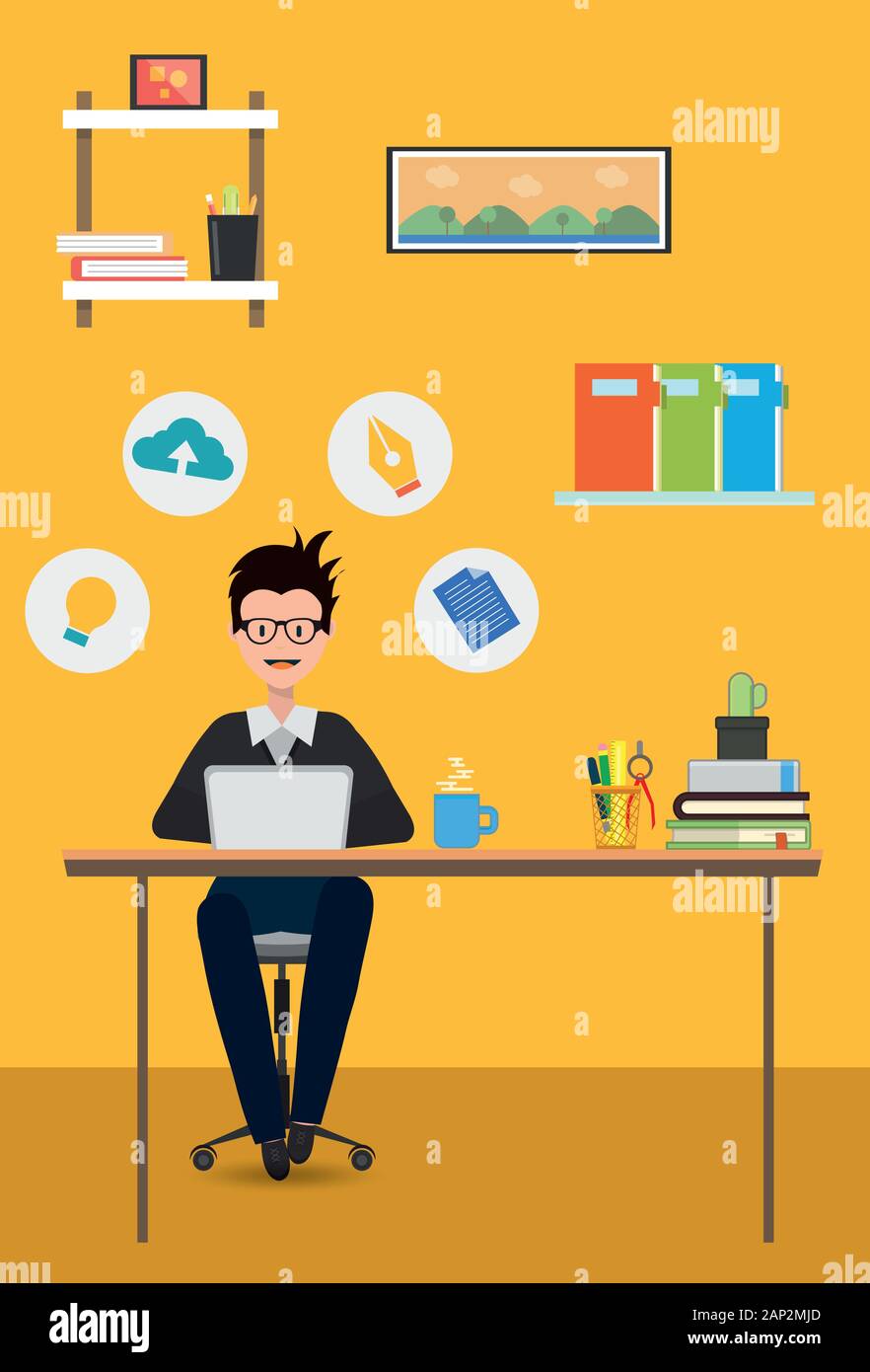 Designer working on laptop au bureau de travail Illustration de Vecteur