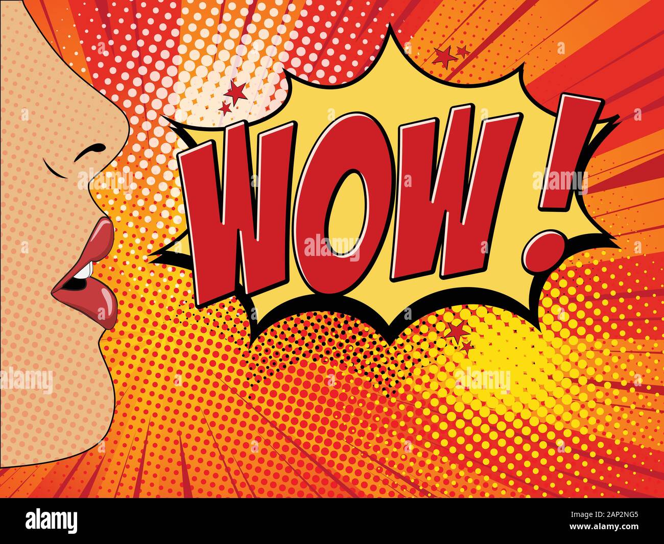 Ouvrir la bouche avec du rouge à lèvres rouge femelle crier wow bulle. En arrière-plan lumineux vecteur retro style pop art bande dessinée. Illustration de Vecteur