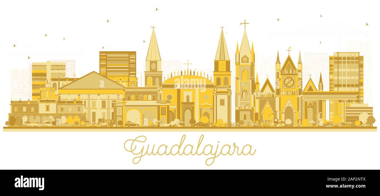 Guadalajara Mexico Skyline Silhouette Avec Bâtiments D'Or Isolés Sur Blanc. Illustration Vectorielle. Illustration de Vecteur
