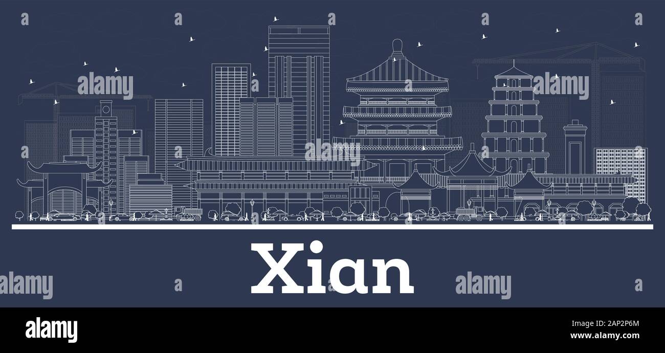 Contours Xian China City Skyline Avec White Buildings. Illustration Vectorielle. Concept De Voyage D'Affaires Et De Tourisme Avec Architecture Moderne. Illustration de Vecteur