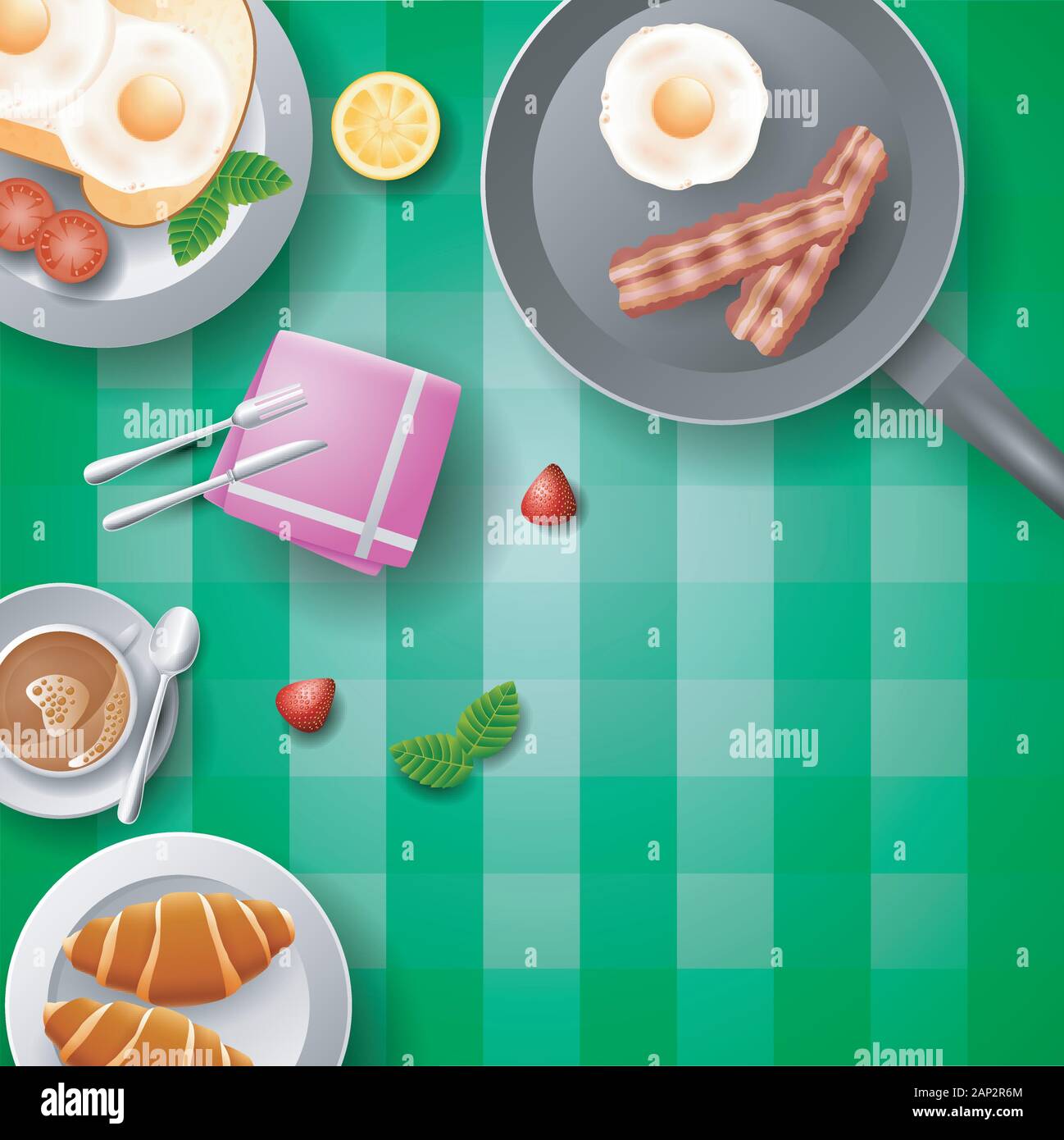 Le petit-déjeuner avec œufs, bacon, pain, croissant et une tasse de café Illustration de Vecteur