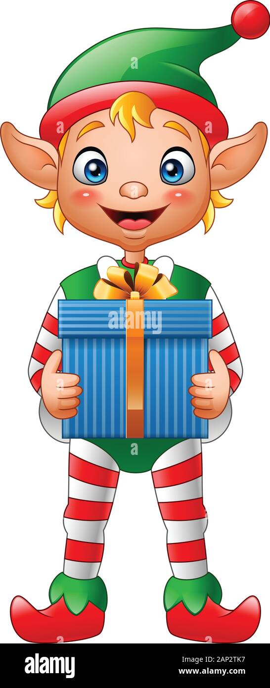 Cartoon elf holding gift box Illustration de Vecteur