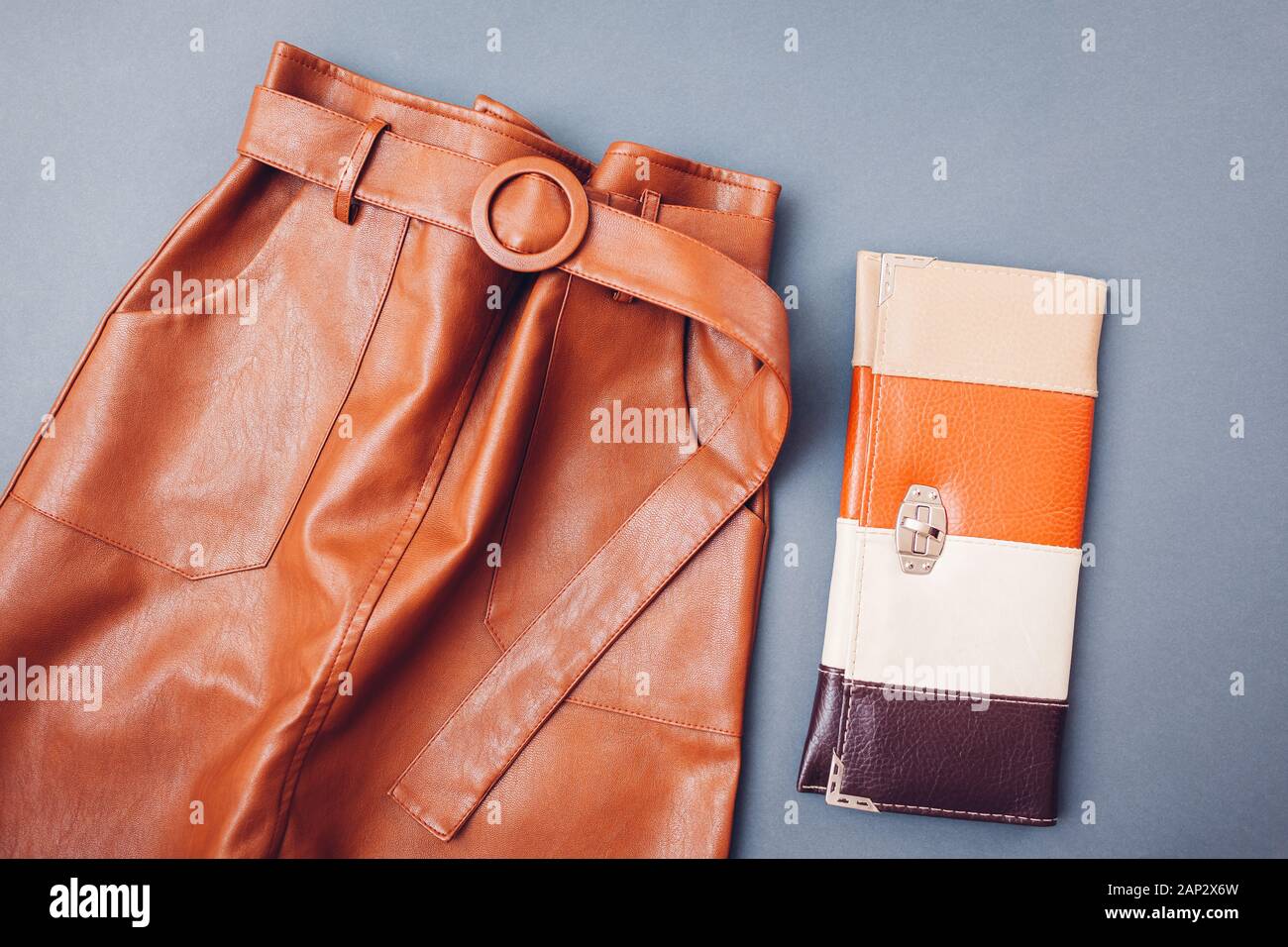 Jupe en cuir à la mode. Les vêtements féminins du printemps tenue. Vêtement élégant avec un sac à main. Fashion Banque D'Images