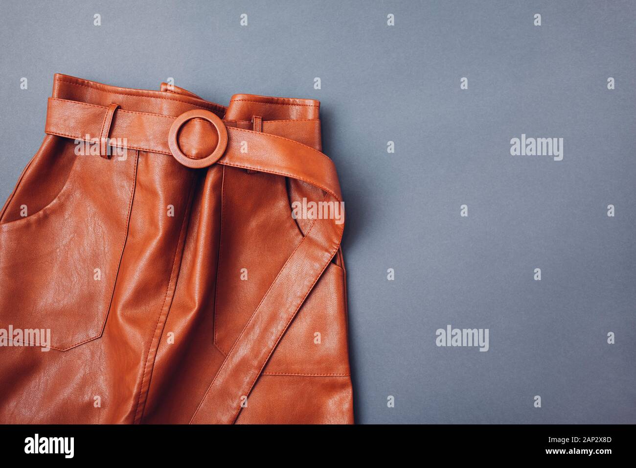 Jupe en cuir à la mode. Les vêtements féminins du printemps tenue. Jupe marron élégant de ecoligical matériel. Fashion Banque D'Images