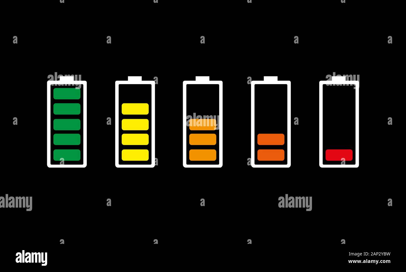 Ensemble d'icônes de chargement de la batterie de couleur. Vector illustration. Les signes de la batterie avec un divers niveau de charge sur fond noir. Illustration de Vecteur