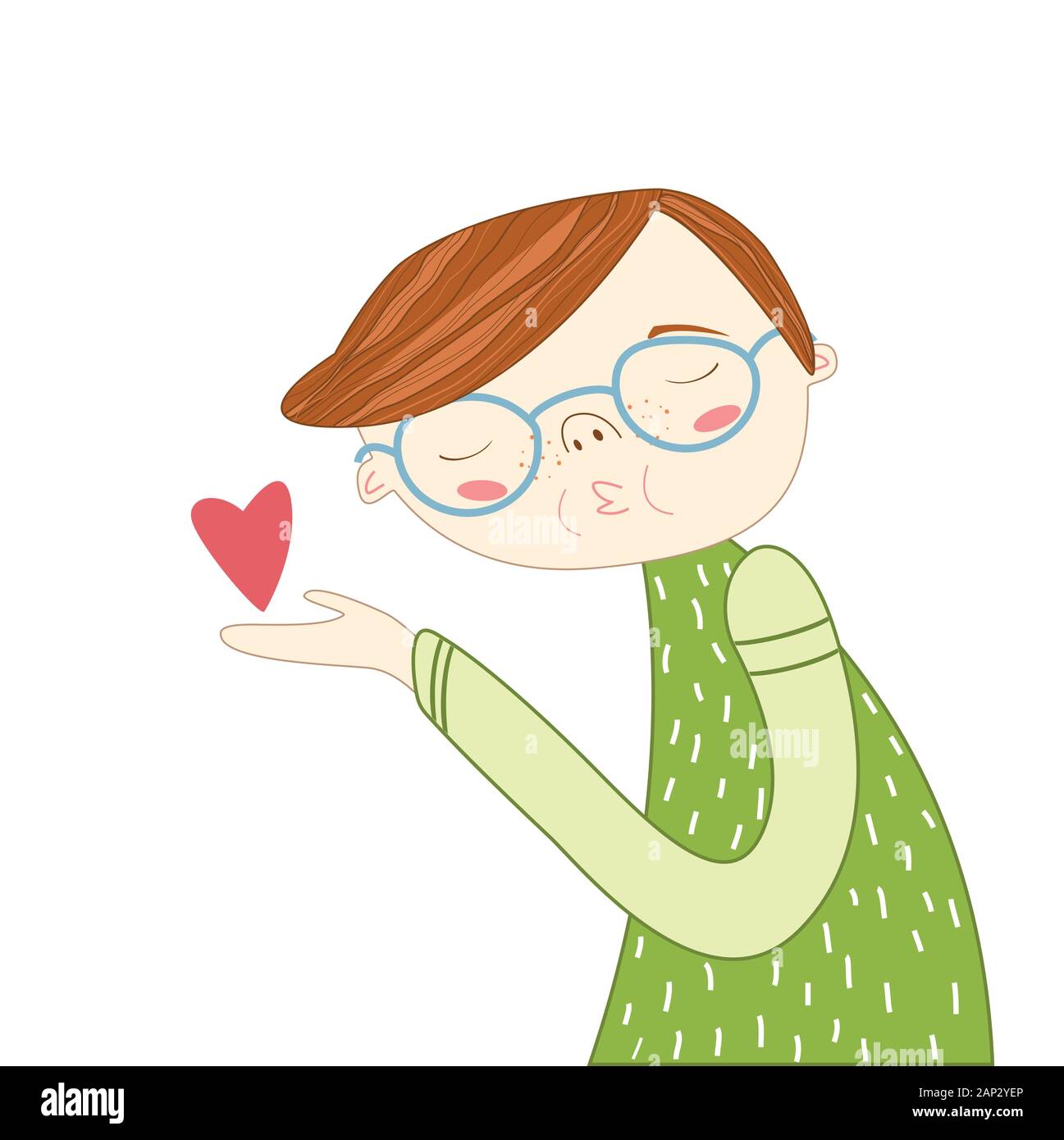 Sweet télévision illustration avec garçon avec des lunettes envoie un baiser de l'air, coeur rouge . Cute vector illustration pour la Saint-Valentin. Garçon d'amour. Désolés card Illustration de Vecteur