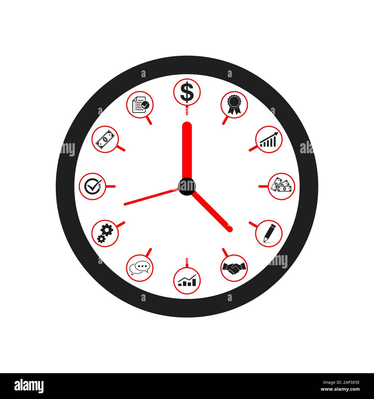 Icône horloge dans télévision design. Vector illustration. Horloge noire avec des symboles au lieu des chiffres, isolé sur fond clair. Illustration de Vecteur