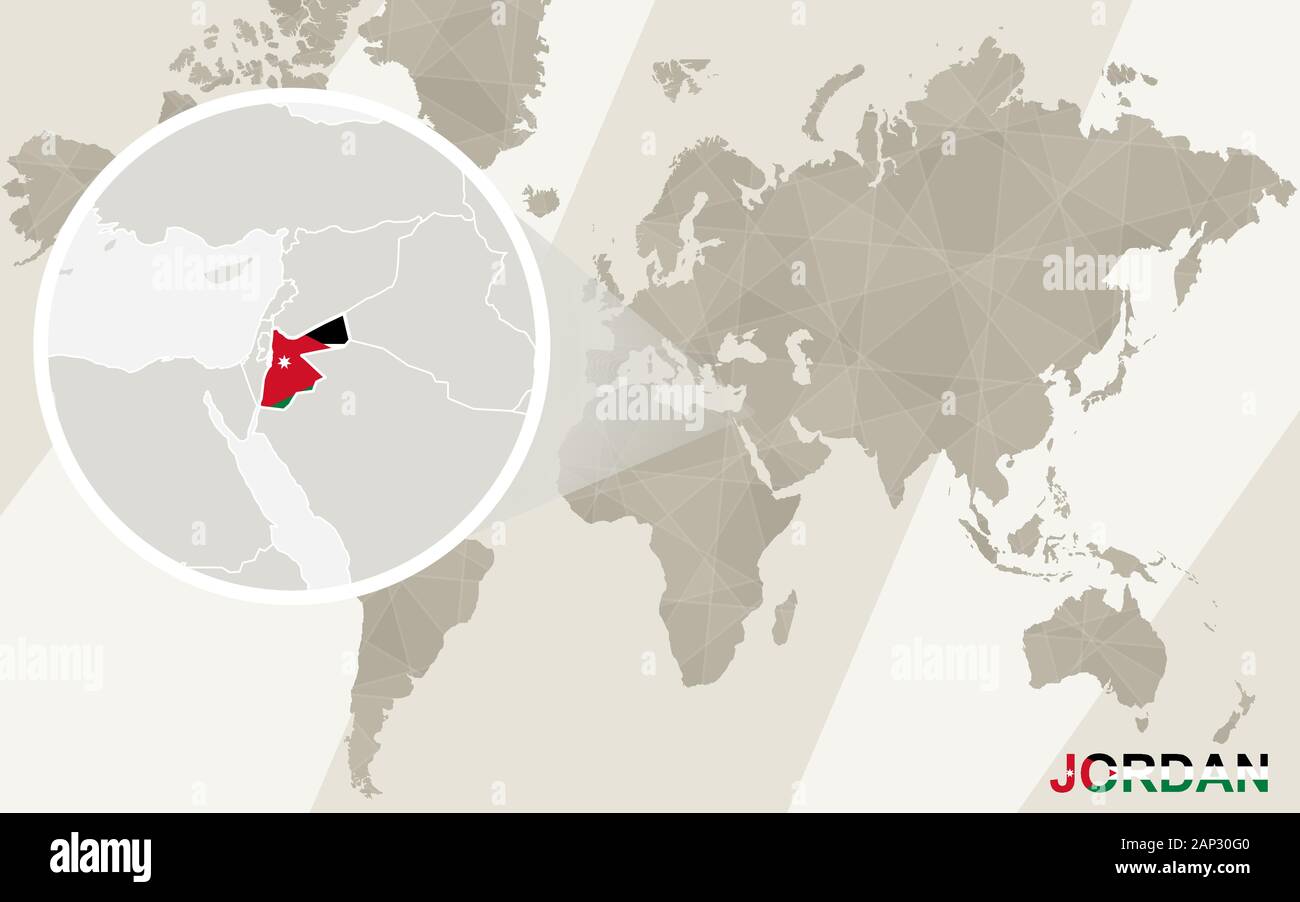 Zoom sur la carte de la Jordanie et du drapeau. Carte du monde. Illustration de Vecteur