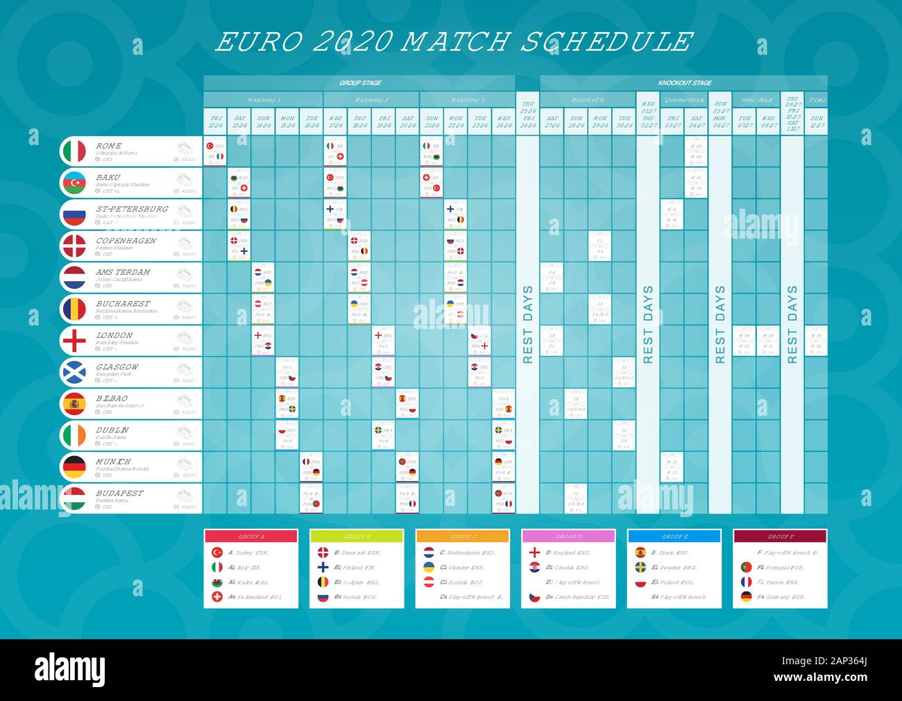 Tableau des résultats du football euro 2020 avec drapeaux. Calendrier des matchs de championnat de football en euros. Tous les pays européens participant au tournoi final. Illustration de Vecteur