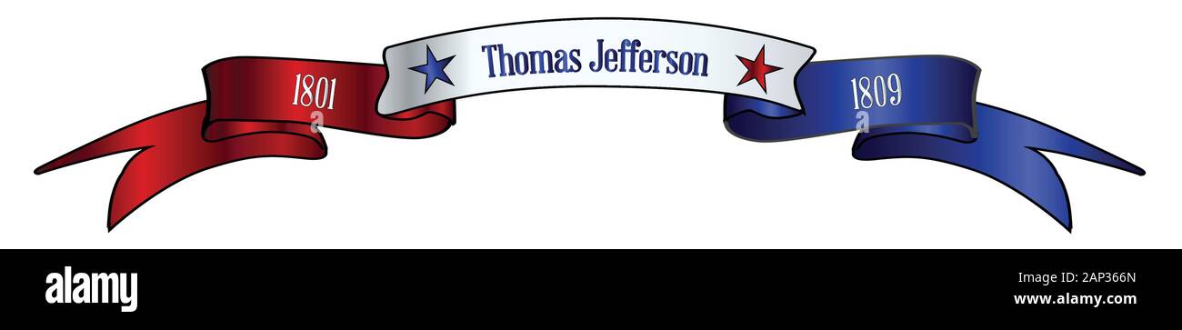 Un rouge blanc et bleu de satin ou de ruban de soie bannière avec le texte Thomas Jefferson et stars et date in office Illustration de Vecteur