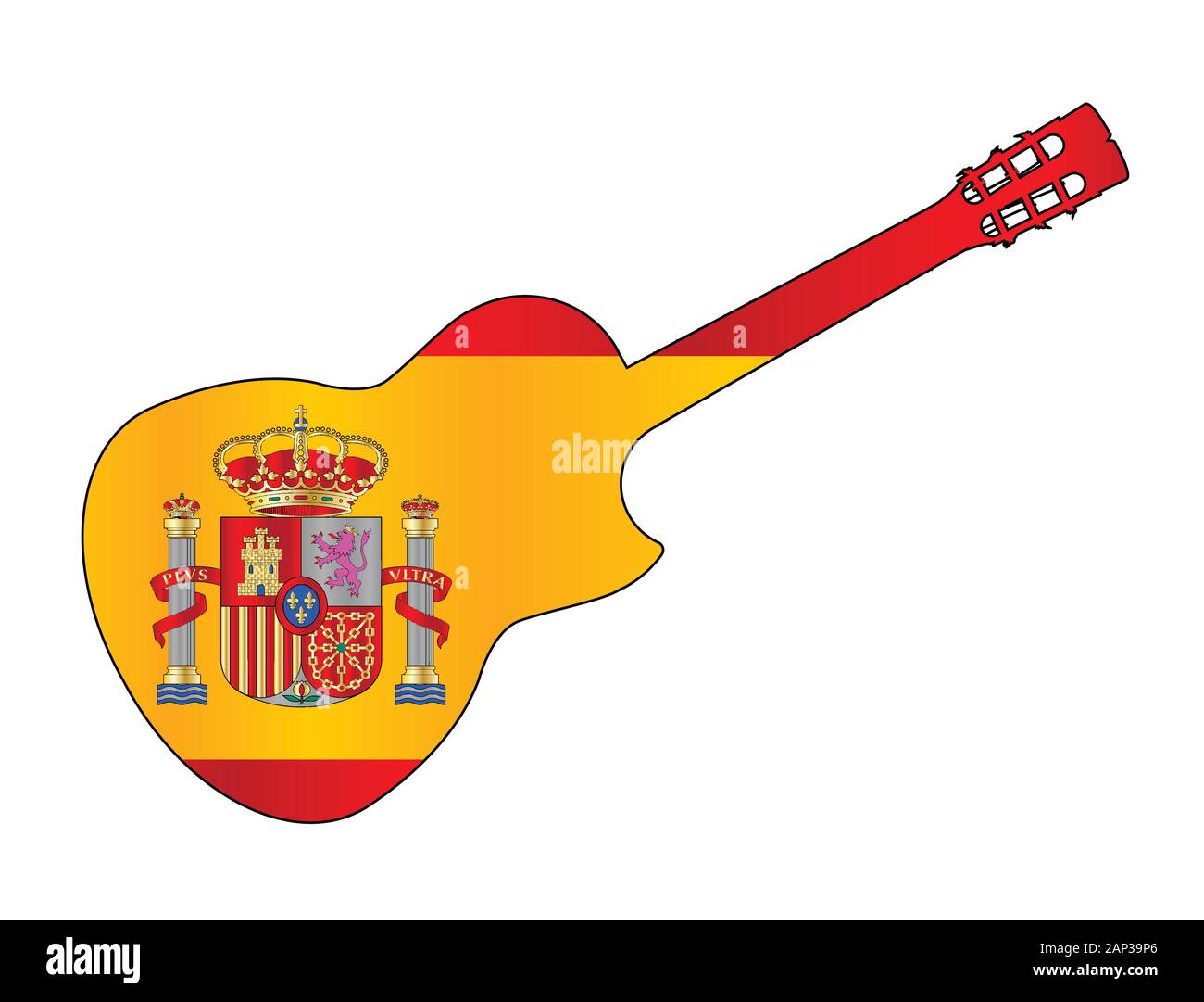 Une guitare acoustique flamenco espagnol typique isolé sur un fond blanc avec le drapeau de l'Espagne l'Encart Illustration de Vecteur