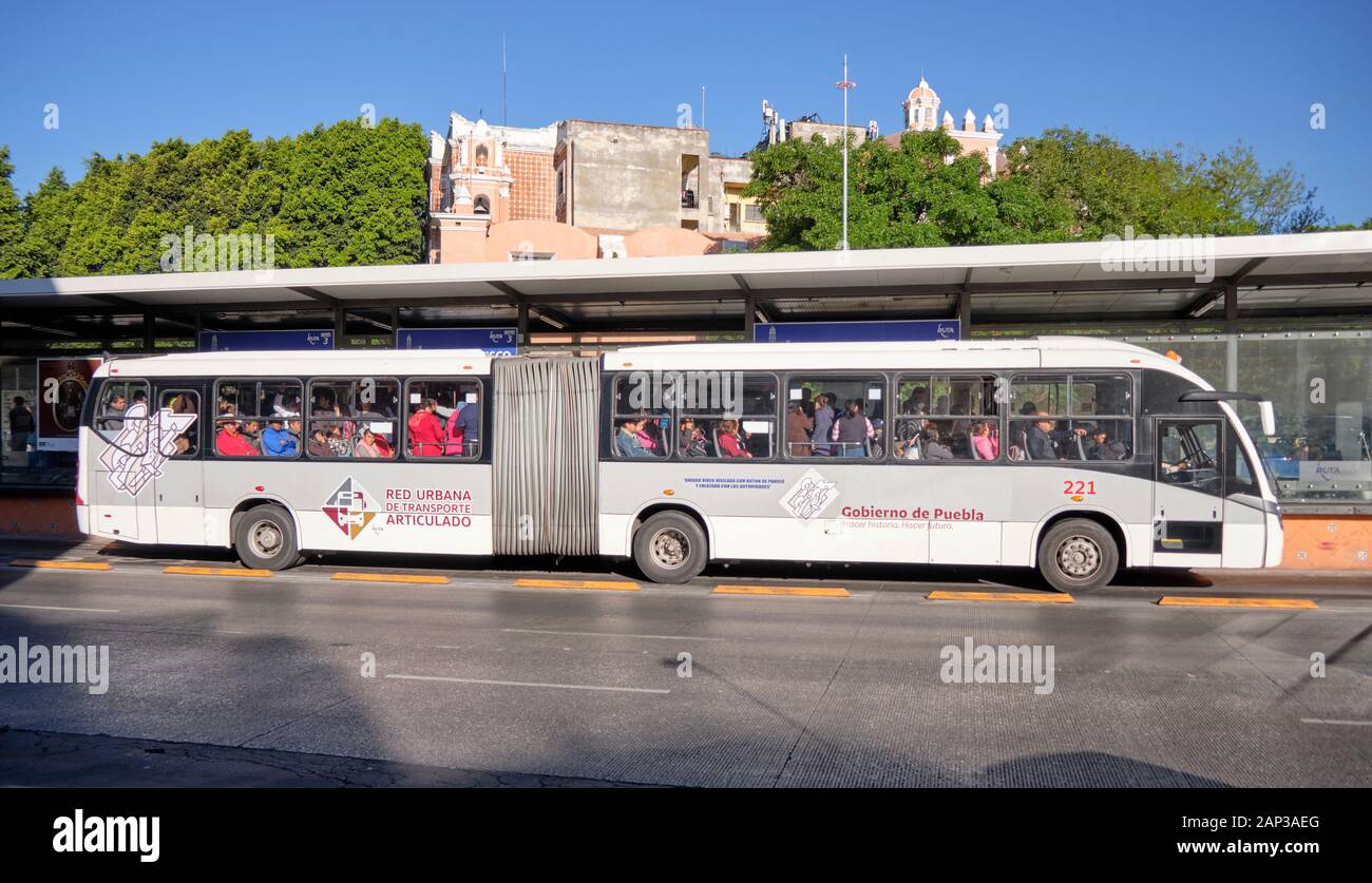 RUTA Linea 3 autobus articulés d'publiic s'est arrêté à la station San Francisco le centre de la ville. Puebla, Mexique. Banque D'Images