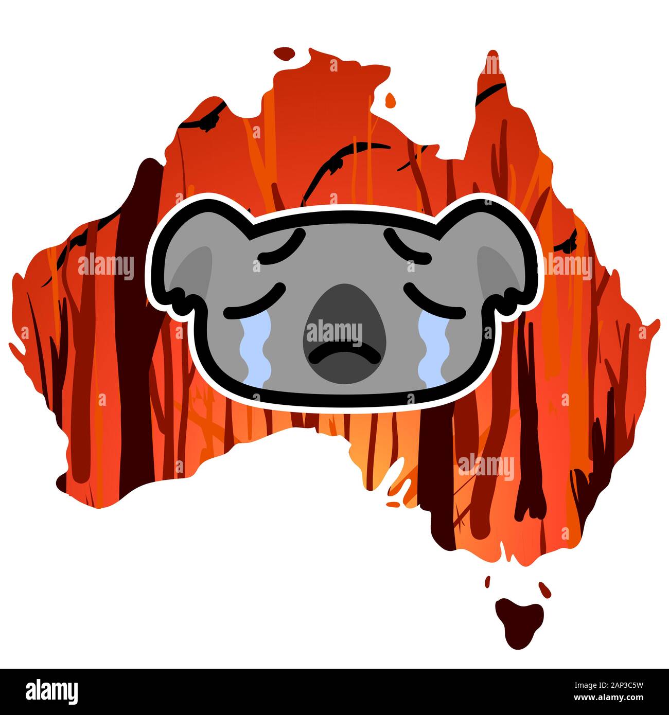 Koala pleurant sur une icône carte Australie Aperçu Contexte avec une forêt en feu. Cartoon vector illustration. Illustration de Vecteur